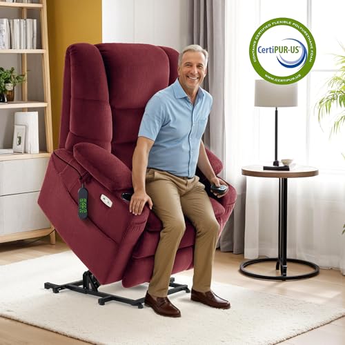 MCombo Large Triple Motor Power Lift Recliner Chair with Massage and Dual Heating, Adjustable Headrest for Tall Elderly People, Fabric 7634 (Grey, Large)