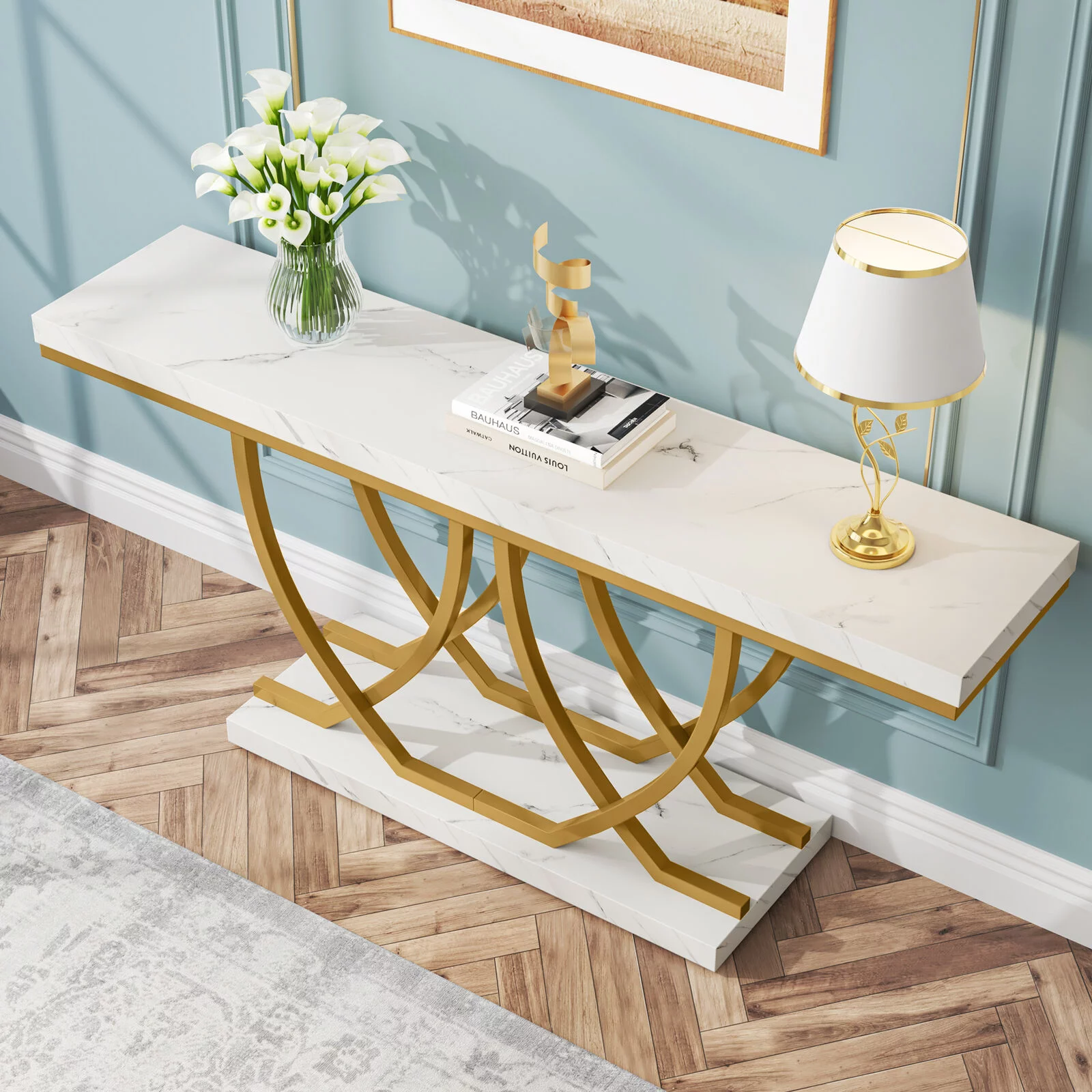 Tribesigns 59" Console Table with Gold Base, Faux Marble Entryway Table Behind Sofa Couch for Living Room, Hallway, White & Gold