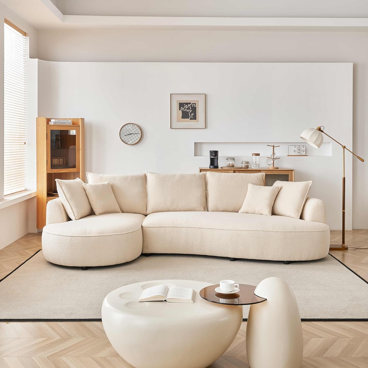 JUSTONE122.8 Curved Sofa Modern Curved Couch Living Room Modular Sectional Sofa, Mid Century Upholstered Couch Boucle Fabric Sofa for Bedroom Apartment Left Hand Facing(Beige)