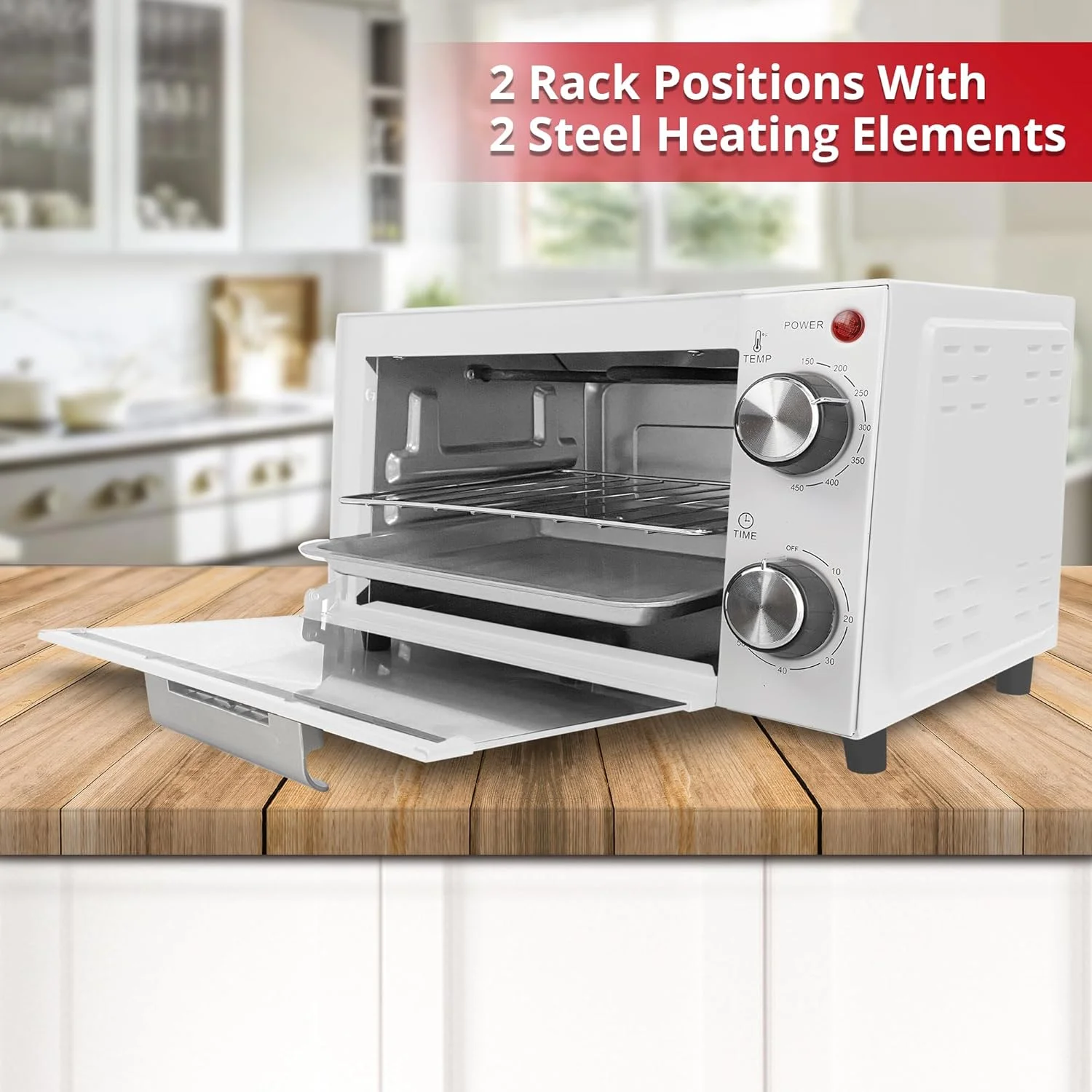 750W Toaster Oven 4 Slice With Baking Tray, Bake Toast Cook And Broil, Temperature Control, 60 Minute Timer Knob, Automatic Shutoff, Baking Tray And Crumb Tray Included