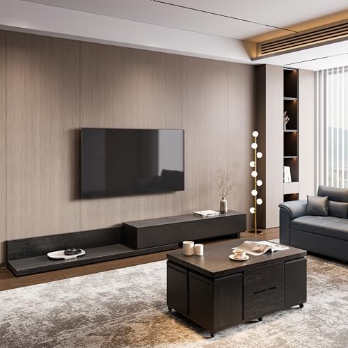homary Black Lift-Top Coffee Table with Hidden Storage, 3-in-1 Modern Folding Center Table with 4 Stools, Casters, and Lockable Wheels – Convertible Dining & Office Table for Living Room