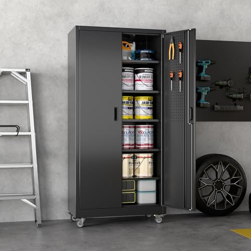73" H Metal Storage Cabinet with Wheels, Garage Storage Cabinet with 4 Adjustable Shelves and Lockable Doors for Garage Home Office Utility Room,Required Assembly,Black