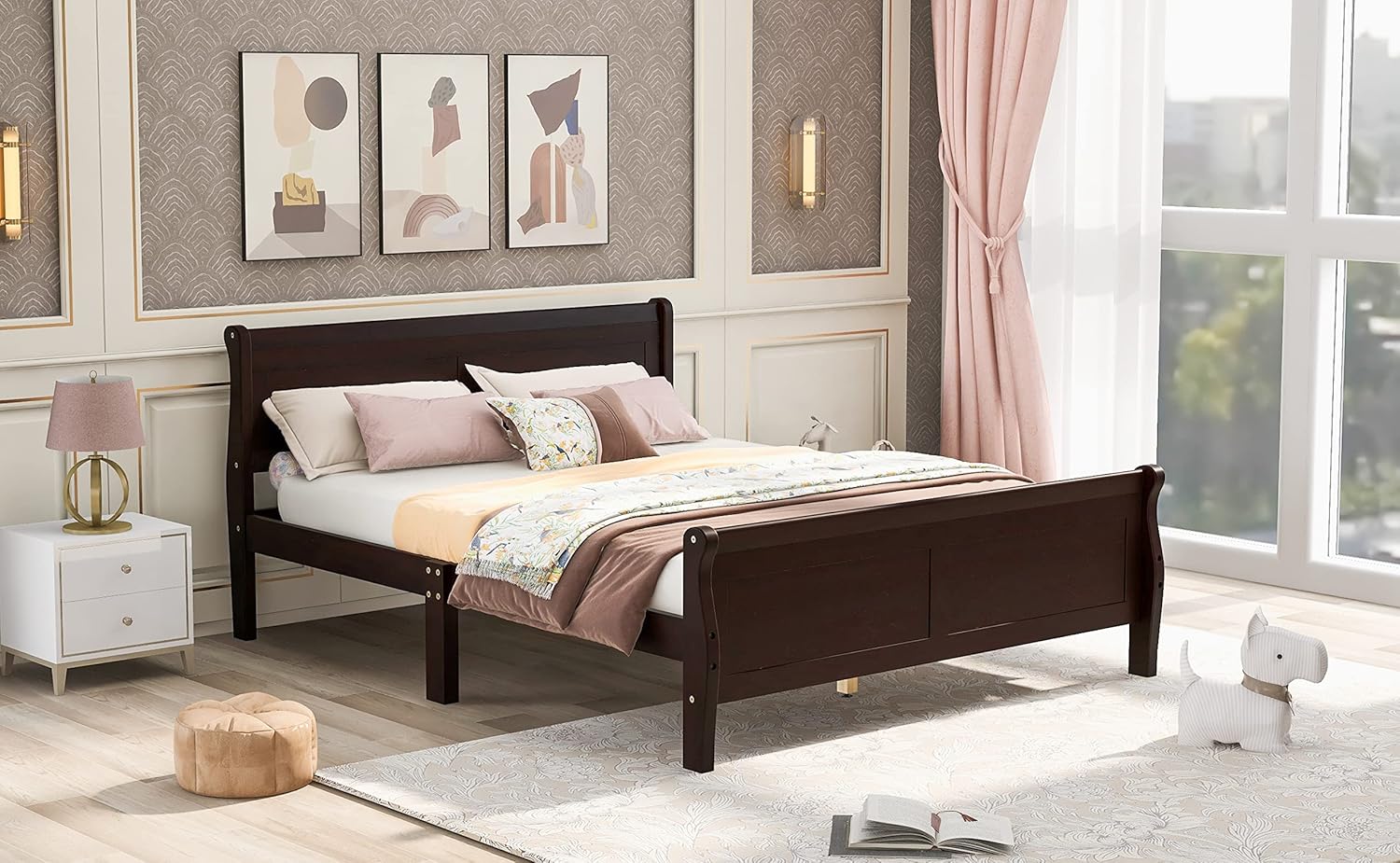 Full Size Wood Platform Bed with Headboard and Wooden Slat Support 82.3X 57x 35.4 inch(LxWxH)