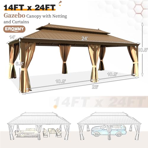 EROMMY 14'x20' Hardtop Gazebo Double Roof Galvanized Steel Canopy Outdoor Aluminum Frame Permanent Metal Pavilion with Netting and Curtains for Patio Backyard Deck and Lawns