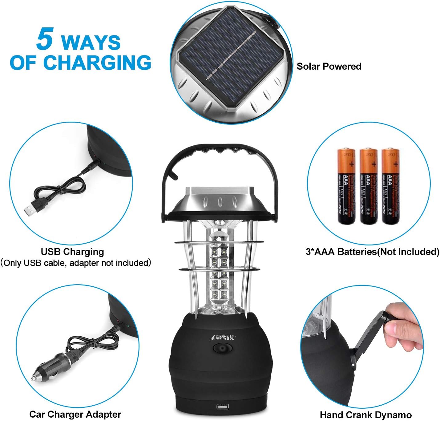 AGPTEK Solar Lantern, 5 Mode Hand Crank Dynamo 36 LED Rechargeable Camping Lantern Emergency Light, Ultra Bright LED Lantern - Car Charge - Camping Gear for Hiking Emergencies Hurricane Outages