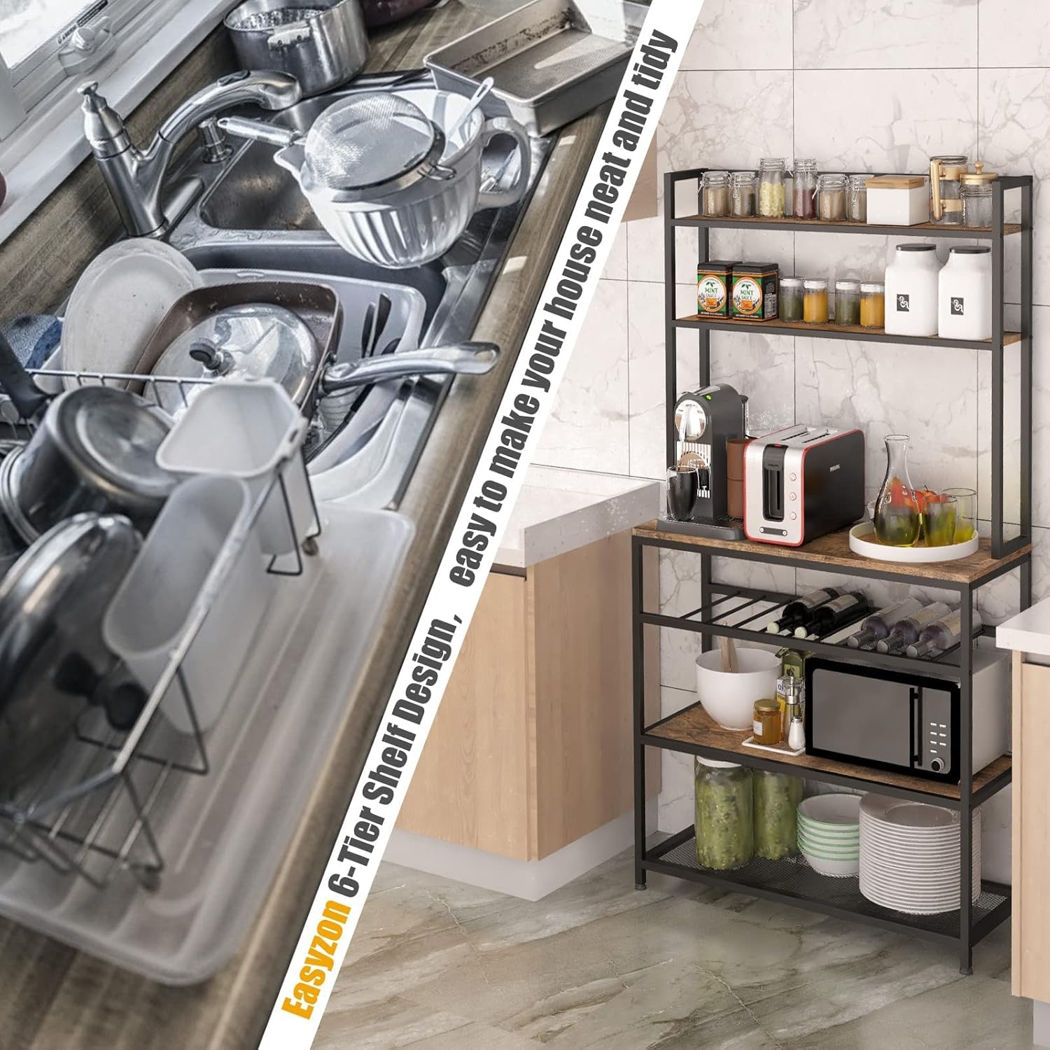 Industrial Kitchen Baker's Rack Coffee Station Microwave Oven Stand Kitchen Pantry Shelf Free Standing Opening Utility Storage Cabinet Sideboard for Kitchen Dining Room Living Room