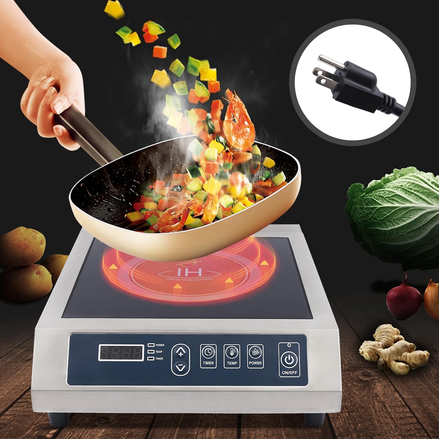 1800W Large Commercial Induction Cooktop, 110V High Power Stainless Steel Housing Professional Single Induction Cooker with 13 Temp Levels & LED Displays and Indicators for Pro Chef