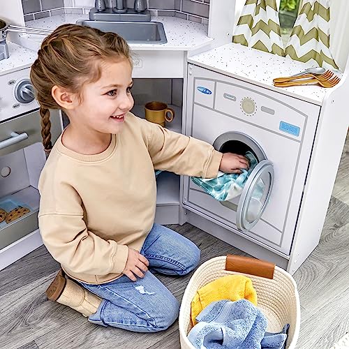 KidKraft Ultimate Corner Wooden Play Kitchen with Lights & Sounds, Play Phone and Curtains, Espresso, Gift for Ages 3+