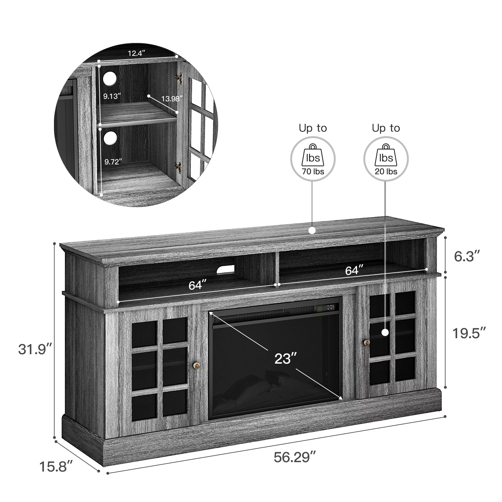 Electric Fireplace TV Stand with 23″ Fireplace for up to 65 Inch TVs, Fireplace TV Console Entertainment Center with Adjustable Shelves, Holds up to 200 lbs