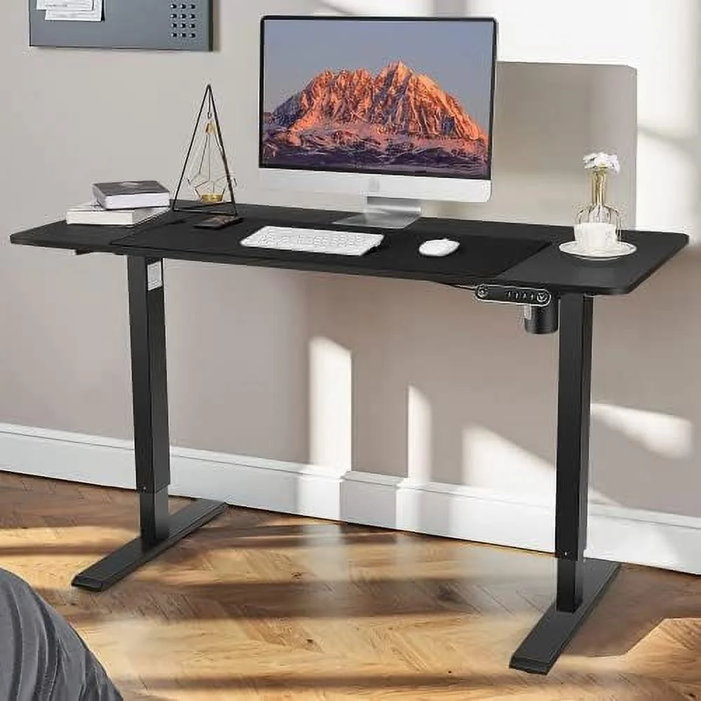 HJNIUNIU Electric Standing Desk Adjustable Height Sit Stand Up Desk 55 x 24 Inches for Home Office Computer Desk Memory Preset with Splice Board  Headphone Hook and White Frame/Oak Top