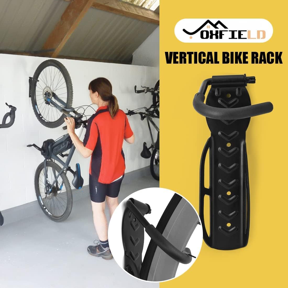 OXFIELD 4 Pack Bike Rack Garage Wall Mount Bike Storage Rack Bicycle Hangers Garage Bike Hooks, Vertical Storage Hanger Wall Mount for Garage and Home Space Saving