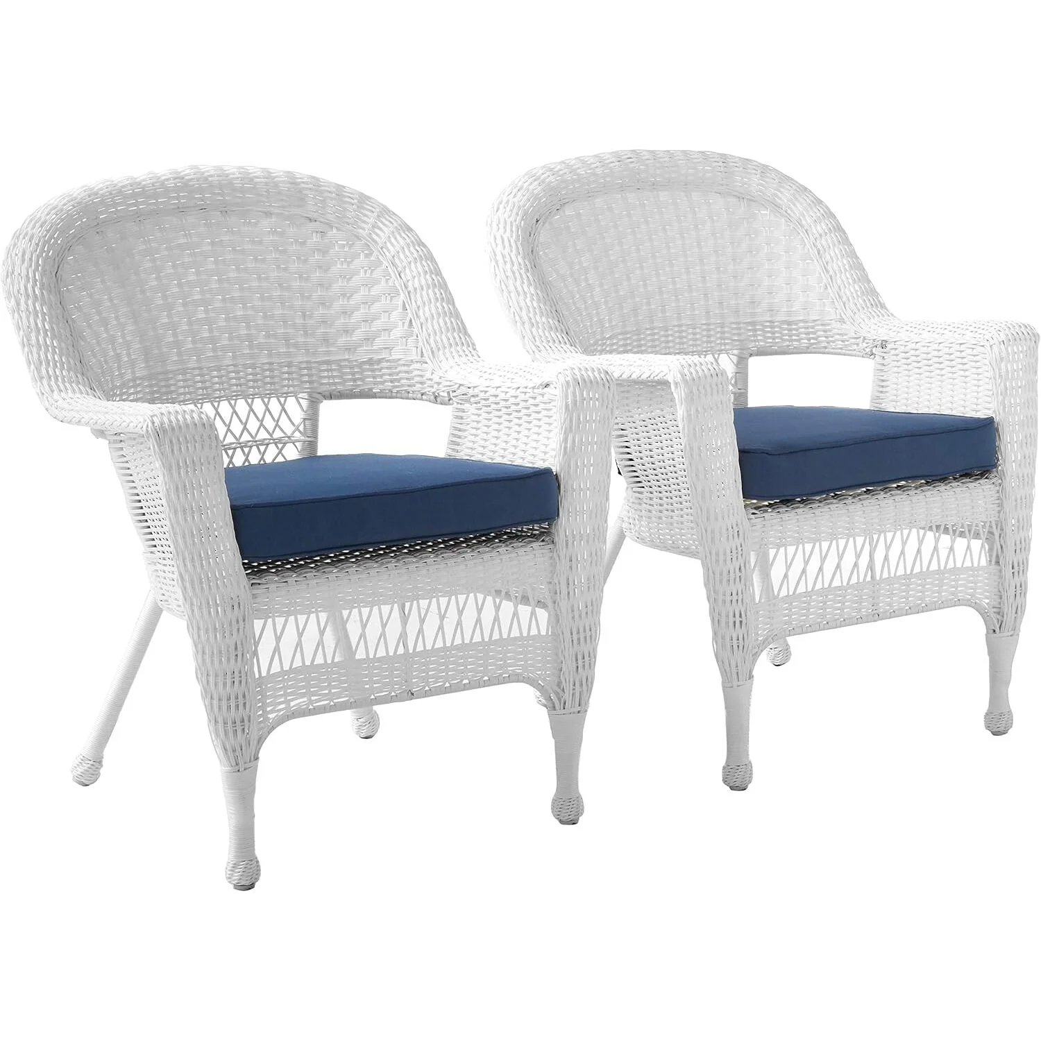 Jeco White Wicker Chair with Blue Cushion - Set of 2