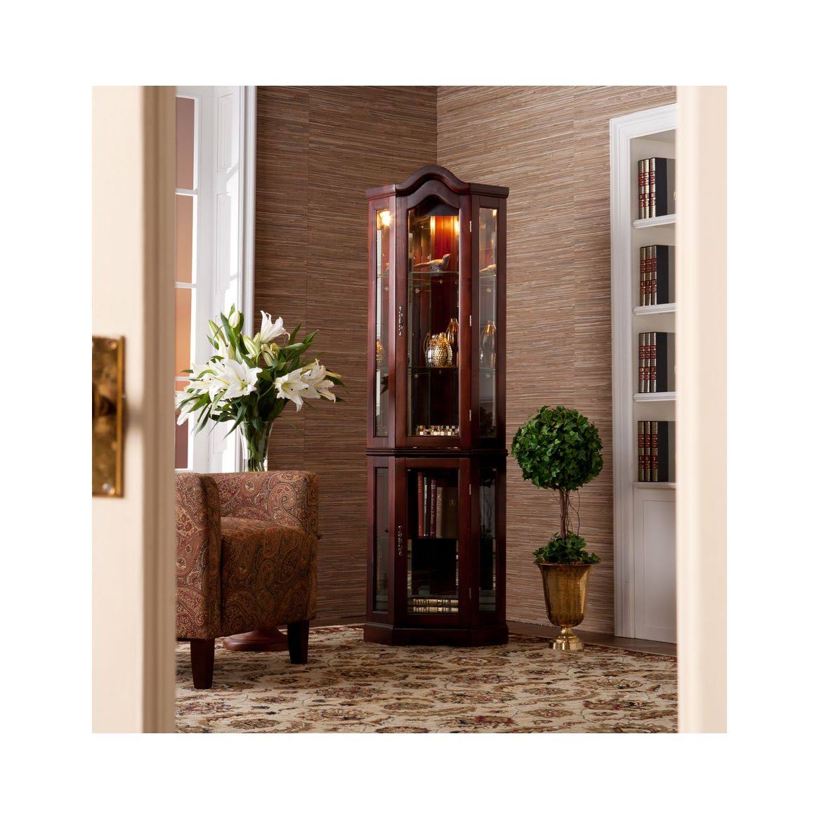 Southern Enterprises Lighted Corner Curio Cabinet, Mahogany