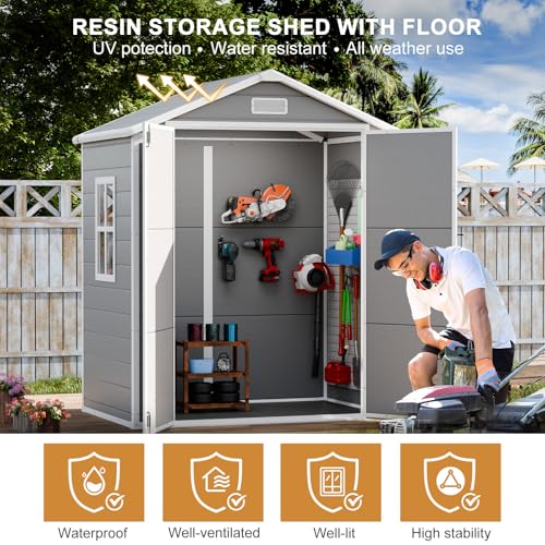 Resin Outdoor Storage Shed with Floor 5x4 FT Waterproof Plastic Sheds Kit Window Lockable Door Included, Outside Garden Tools Sheds for Backyard Patio