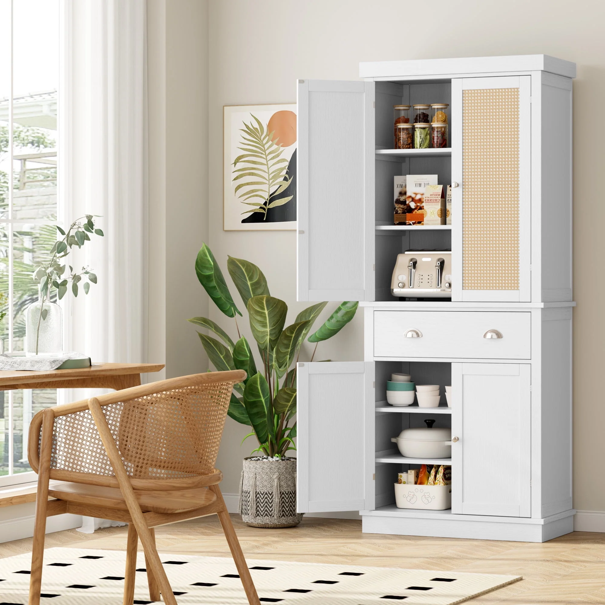 Homfa 72.4'' Tall Kitchen Pantry with 4 Doors, Large Drawer Shelves Wood Storage Cabinet for Dining Room Living Room, White