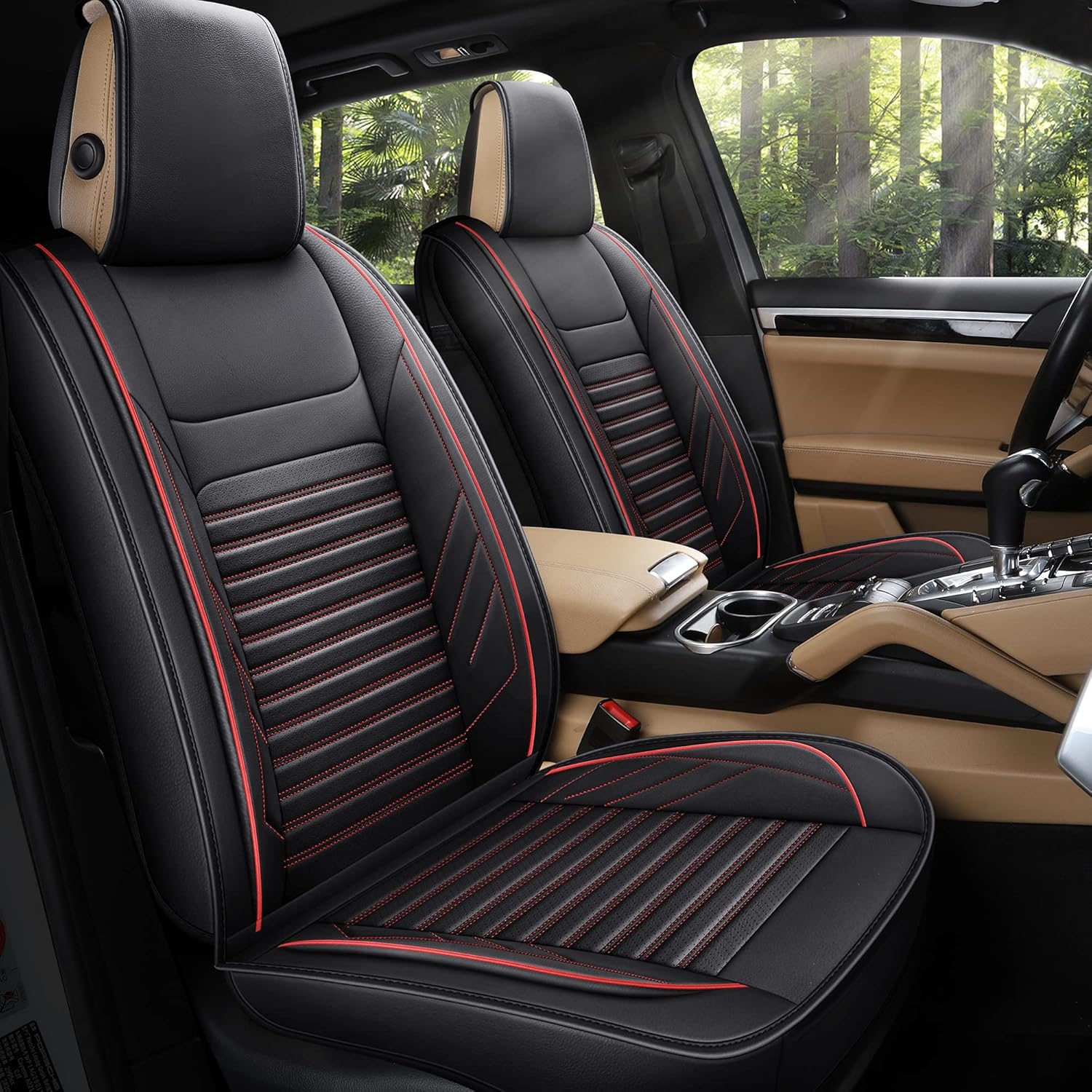 AOOG Leather Car Seat Covers, Leatherette Automotive Seat Covers for Cars SUV Pick-up Truck, Non-Slip Vehicle Car Seat Covers Universal Fit Set for Auto Interior Accessories, Front Pair, Black