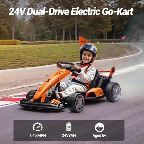 Electric Go Kart, Licensed Mclaren Drift Kart, Length Adjustment, LED Light, Crazy Cart for Kids Ages 6+, 400W Motor, Max Loads 130 LBS (Orange 24V)