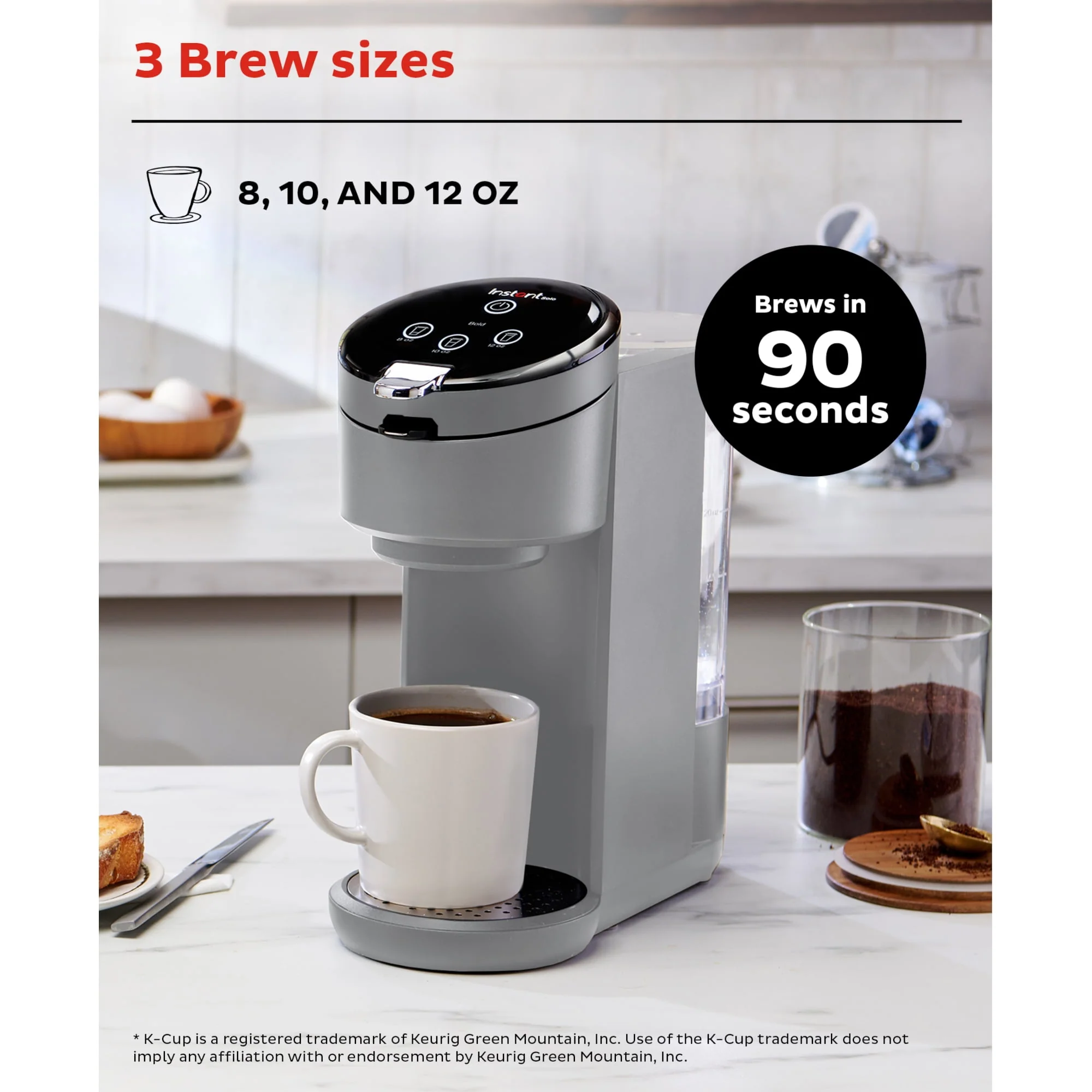 Instant Solo 2-in-1 Single Serve Coffee Maker for Ground Coffee or K-Cup Pods with 3 Brew Sizes, Maroon Red