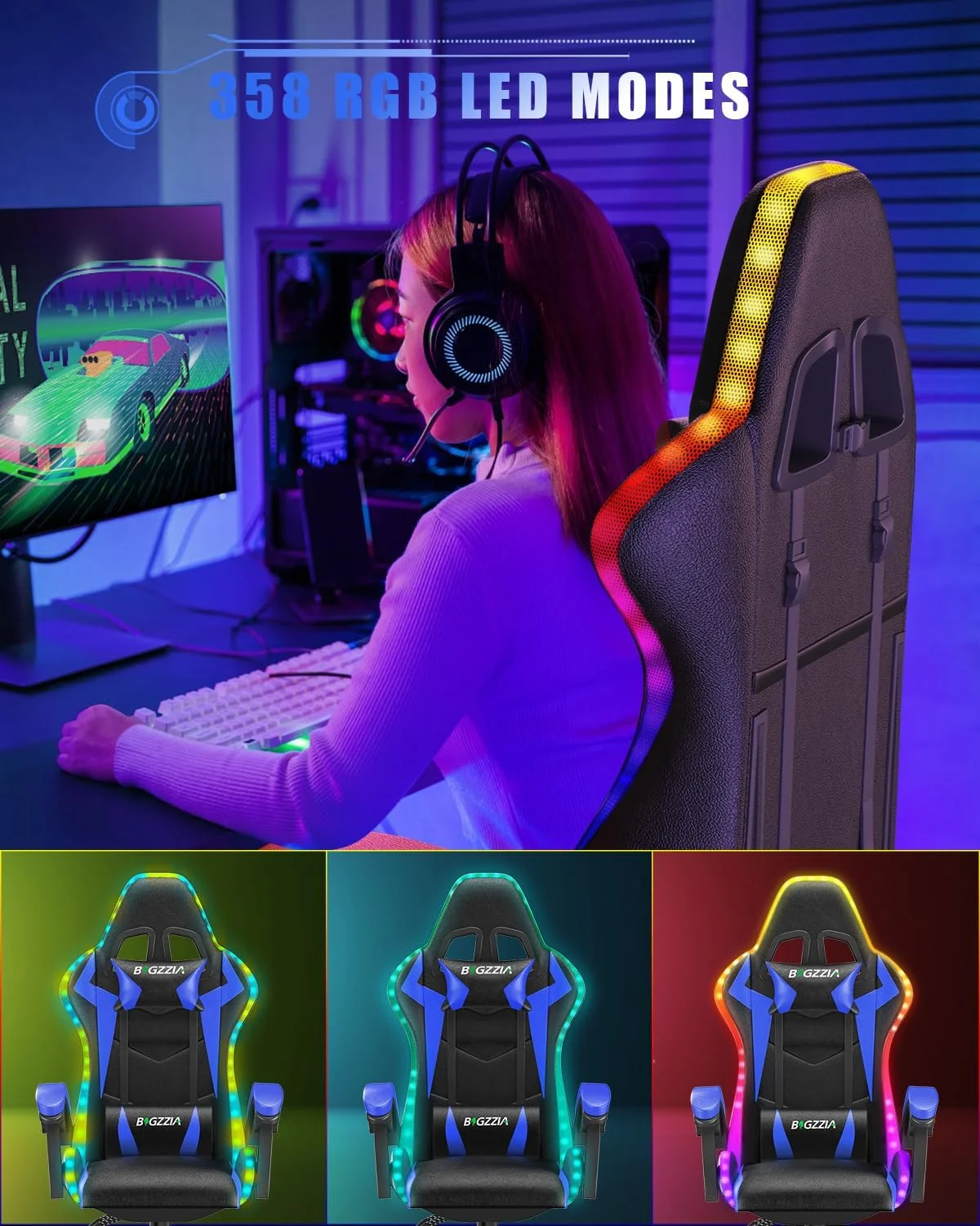 Bigzzia RGB Gaming Chair with LED Lights and Ergonomic Gaming Chair Reclining PU Leather High Back Game Chair with Headrest Adjustable Lumbar Support Linkage Armrest for Adults (Black/Blue) - Curated Treasures Market