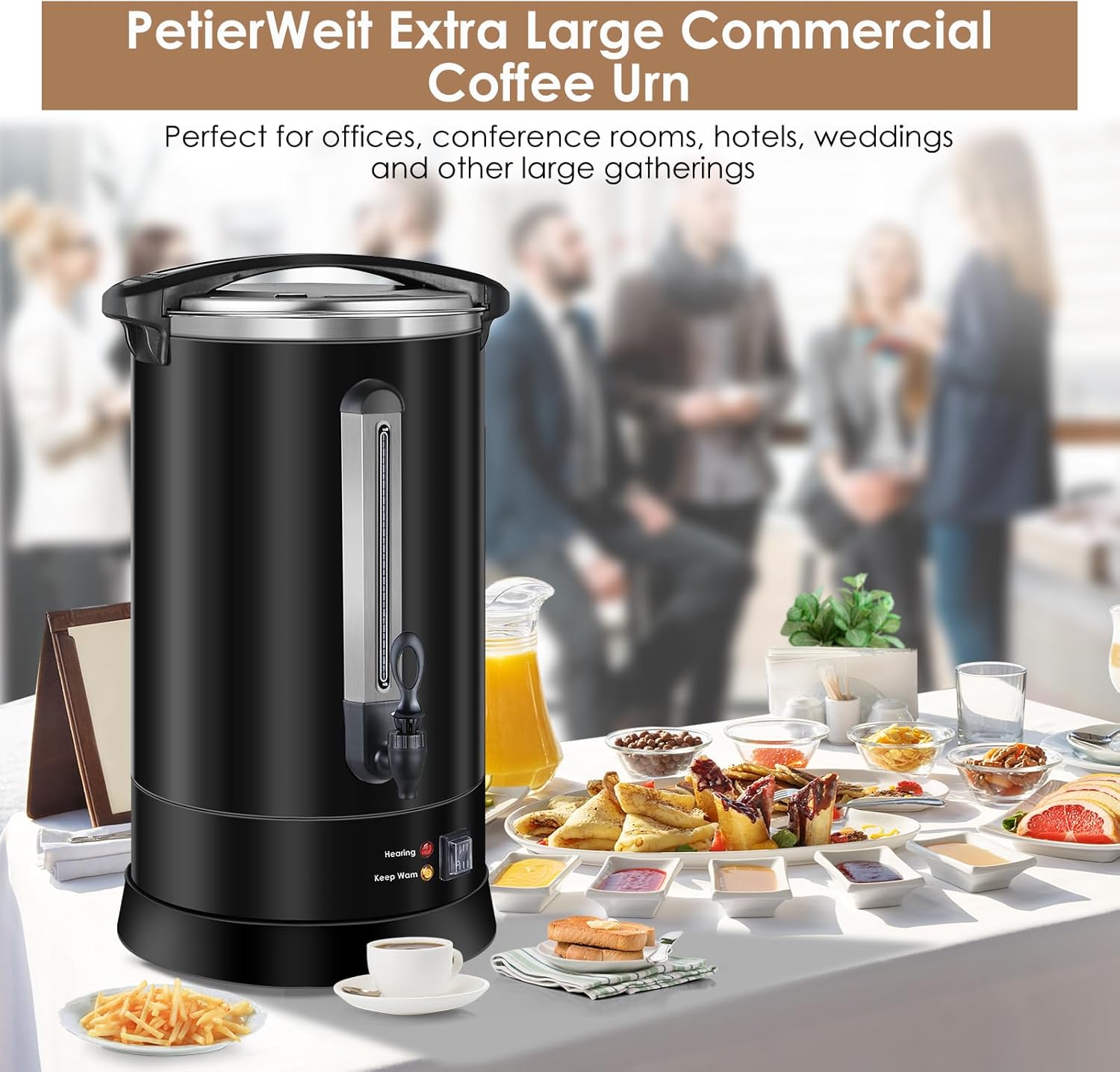 Coffee Urn 100Cups Large Coffee Dispenser 14.2L Full Stainless Steel Commercial Coffee Maker Double Wall Quick Brew Electric Beverage Dispenser Hot Water Urn-Black