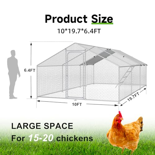 Large Metal Chicken Coop, Chicken Run Poultry Cage Hen with Water-Resident and Anti-UV Cover for Duck Rabbit House Outdoor Walk-in Chicken Pen for Yard, Dome Roof(10’ W x 19.7’ L x 6.4’ H)