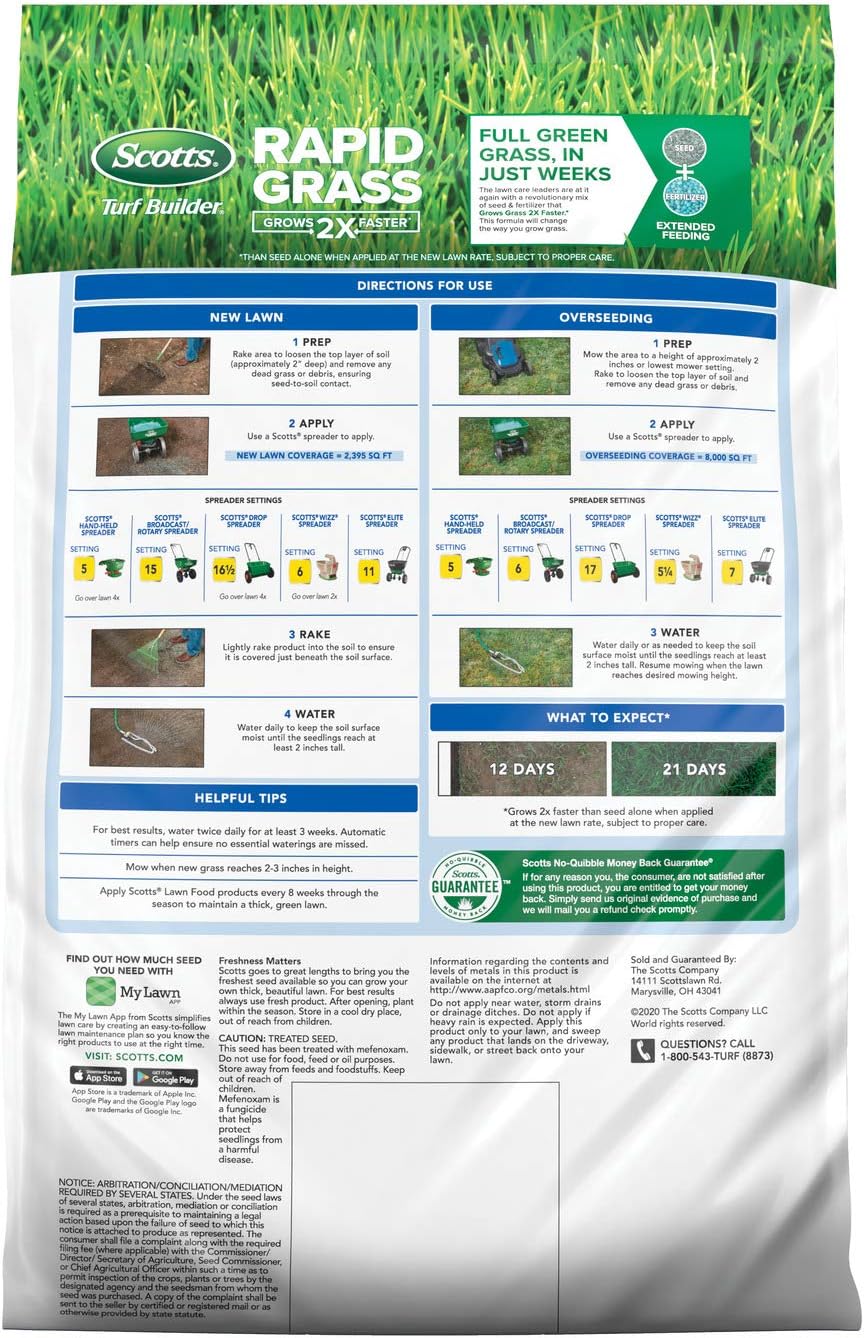 Scotts Turf Builder Rapid Grass Sun & Shade Mix: up to 8,000 sq. ft., Combination Seed & Fertilizer, Grows in Just Weeks, 16 lbs