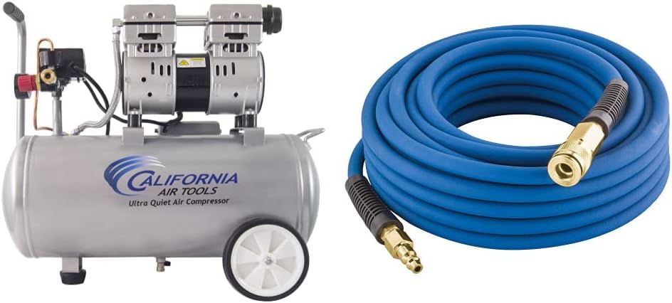 California Air Tools 8010 Steel Tank Air Compressor, 8 gal & Estwing E1450PVCR 1/4" x 50' PVC/Rubber Hybrid Air Hose with Brass 1/4" NPT Industrial Fitting and Universal Quick Connect Coupler