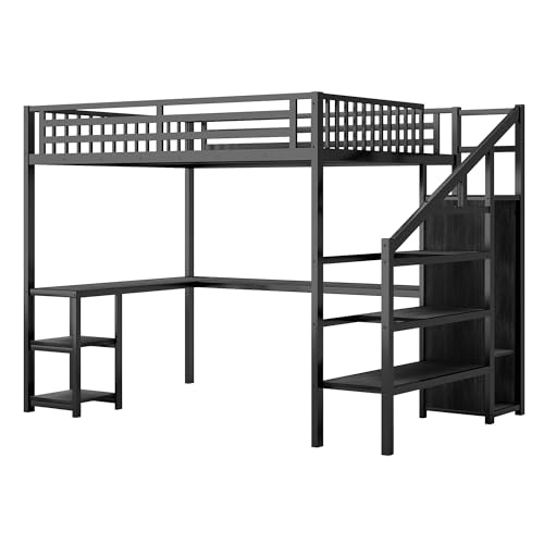 Full Size Loft Bed with Stairs and Storage, Metal Loft Bed Frame with Bedside Shelf and Large Under-Bed Space, Heavy-Duty Bed for Adults Teens and Kids, Black