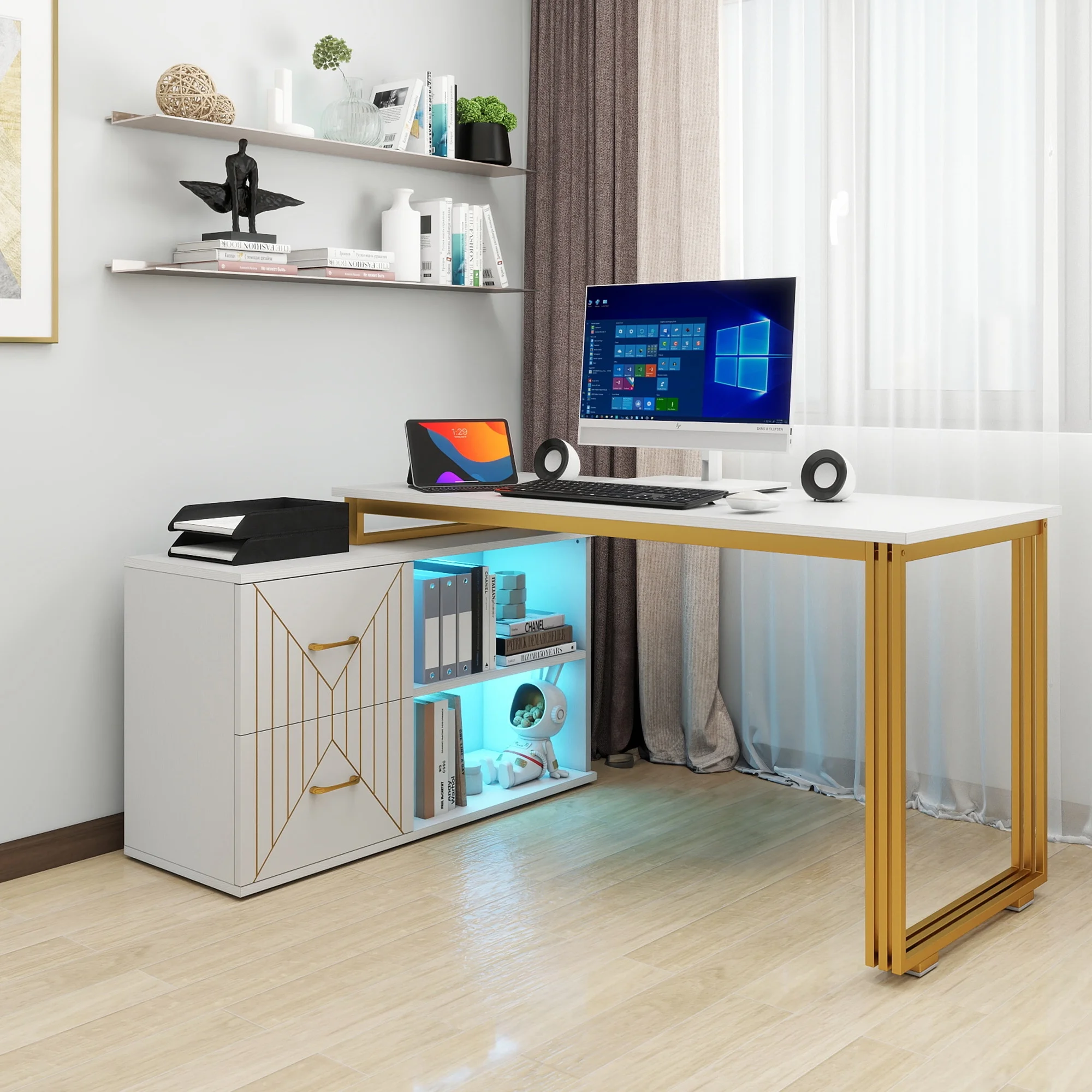 Dextrus L Shaped Desk with LED Light & Power Outlets, 55 Inch Reversible Corner Desk with Drawers & Storage Shelves, Computer Desk Office Desk Writing Desk for Home Office, White