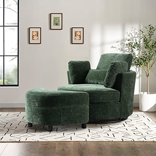 Chair and A Half with Ottoman, 360° Swivel Accent Barrel Chair Modern Comfy Round Reading Sofa Swivel Chairs Circle Lounge Chair for Bedroom Living Room w/4 Pillow Lower Seating Heigh (White, Large)
