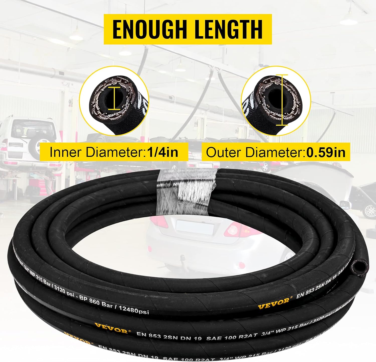 VEVOR Hydraulic Hose 1/4 inch x 100 ft, Coiled Hydraulic Hose 5800 PSI, Rubber Hydraulic Hose with 2 High-Tensile Steel Wire Braid, Bulk Hydraulic Hose -20℃ to 140℃, Hydraulic Oil Flexible Hose Pack of 2