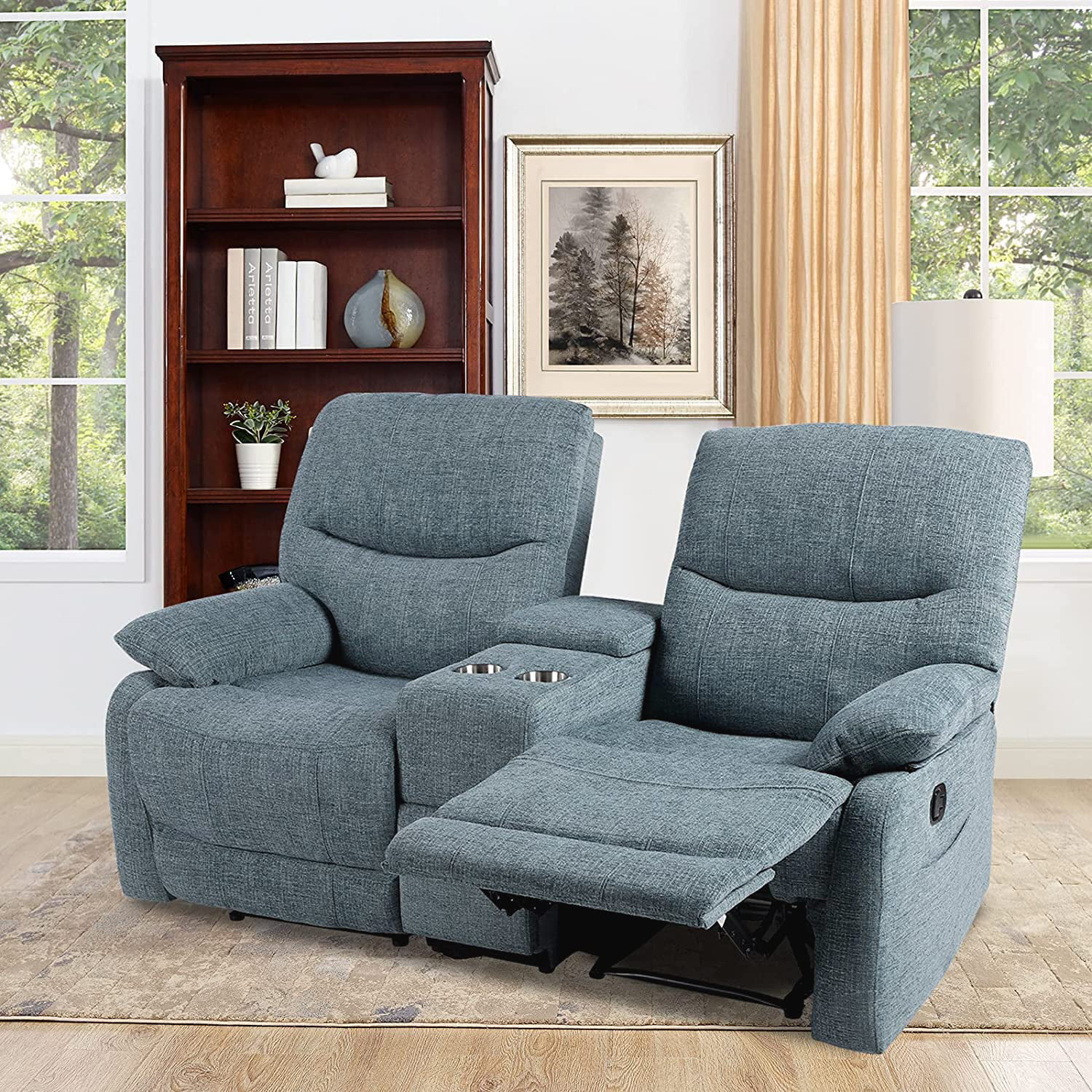Reclining Sofa, Double Reclining Loveseat with Console, 2 Seater Sofa Home Theater Seating, Fabric Recliner Sofa Couches with Storage and Cup Holders