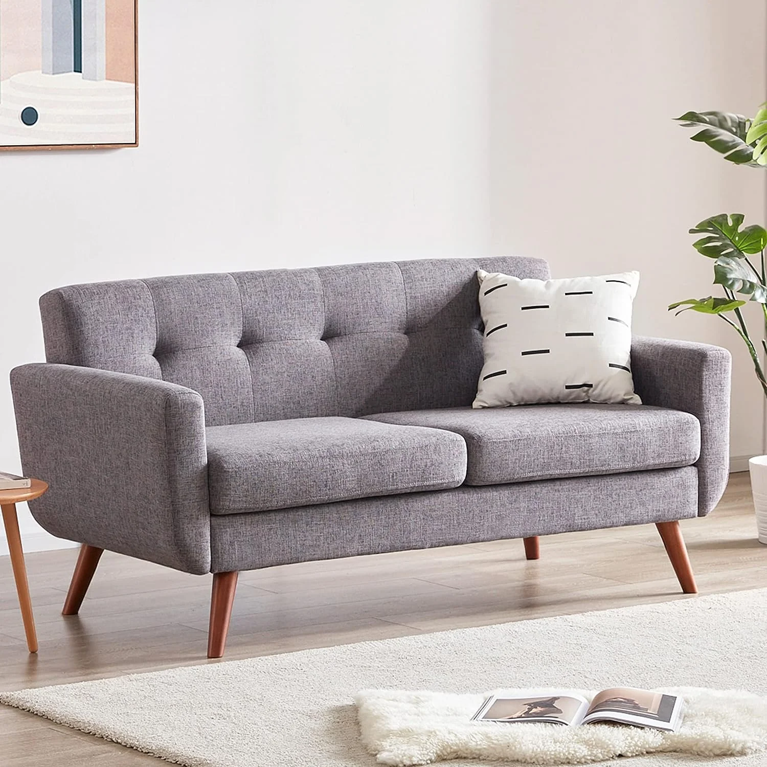 65" W Loveseat Sofa, Mid Century Modern Decor Love Seat Couches for Living Room, Button Tufted Upholstered Small Couch for Bedroom, Solid and Easy to Install