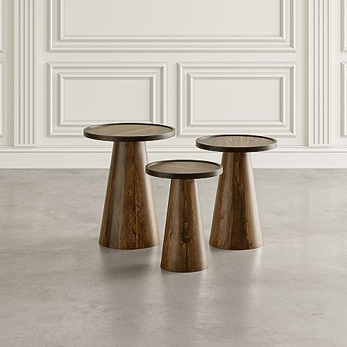 Jofran Knox Mid-Century Modern Solid Hardwood Pedestal Round Accent End Nesting Tables - Set of 3, Chestnut