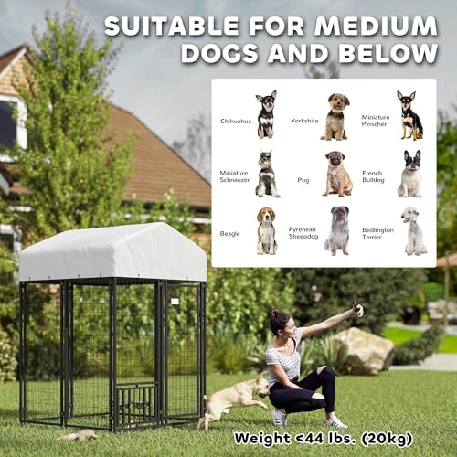 PawHut 4.6' x 4.6' x 5' Dog Kennel Outside, Welded Wire Outdoor Dog Kennel Run with Waterproof & UV Resistant Cover, for S&M Breeds, Chickens, Ducks, Black