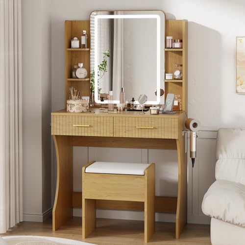 Vanity Desk with LED Lighted Mirror, Makeup Vanity with 3 Adjustable Lights, 2 Large Drawers and 4 Open Shelves, White Vanity with Storage Stool for Bedroom