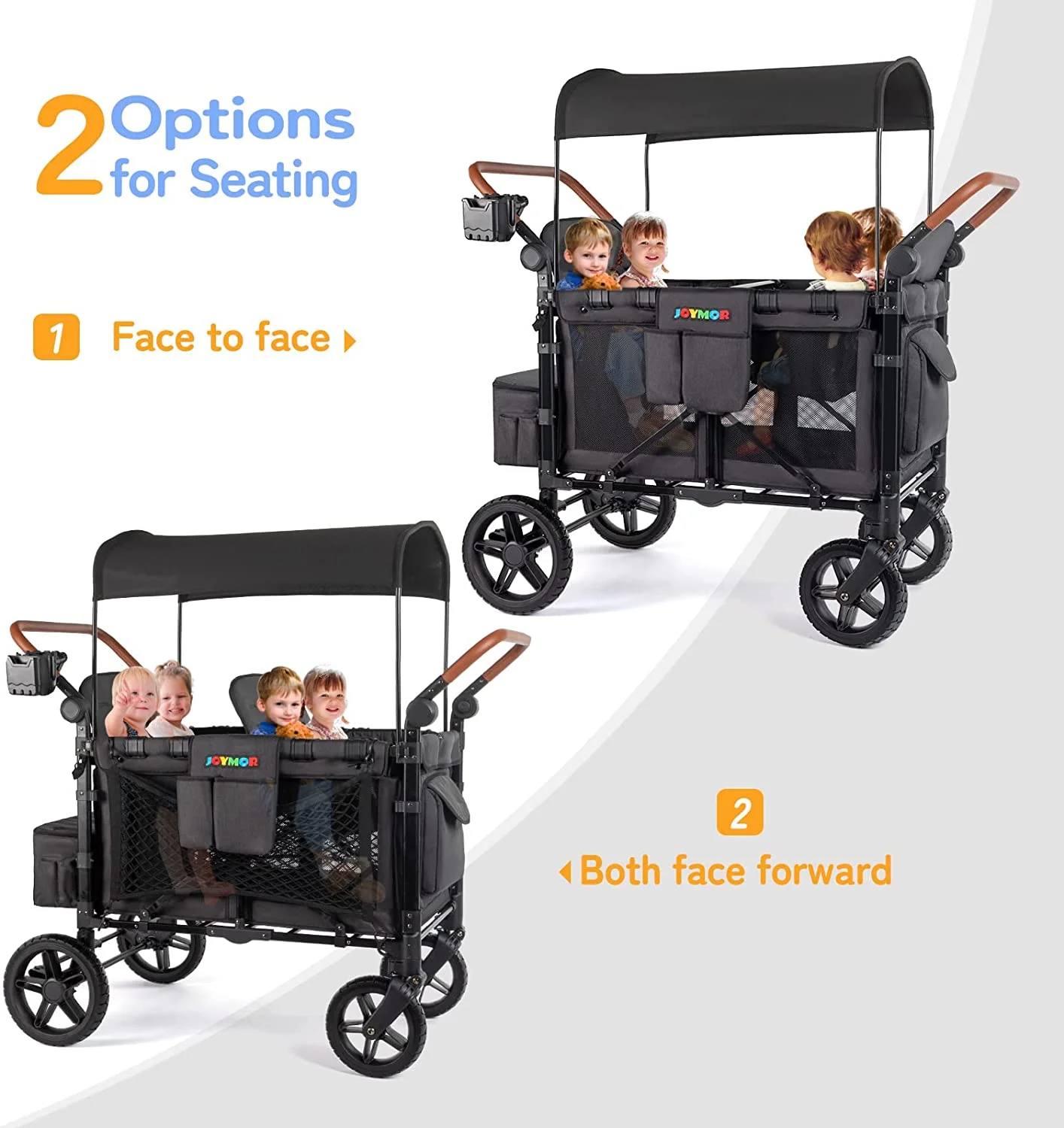 JOYMOR Stroller Wagon for 4 Kids, Luxury 4 Seater Wagon Stroller, Features Rubber Wheel,5-Point Harnesses, Double Side Handles, Adjustable/Removable UV-Protection Canopy