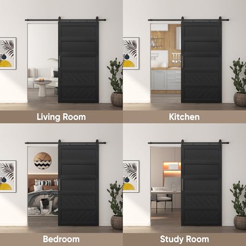JUBEST 36" x 84" Barn Door, Slding Barn Door Kit Wave Shape Barn Door Panel with Hardware Kit Include, Easy Installation, Solid Wood, MDF & PVC Covered, Black