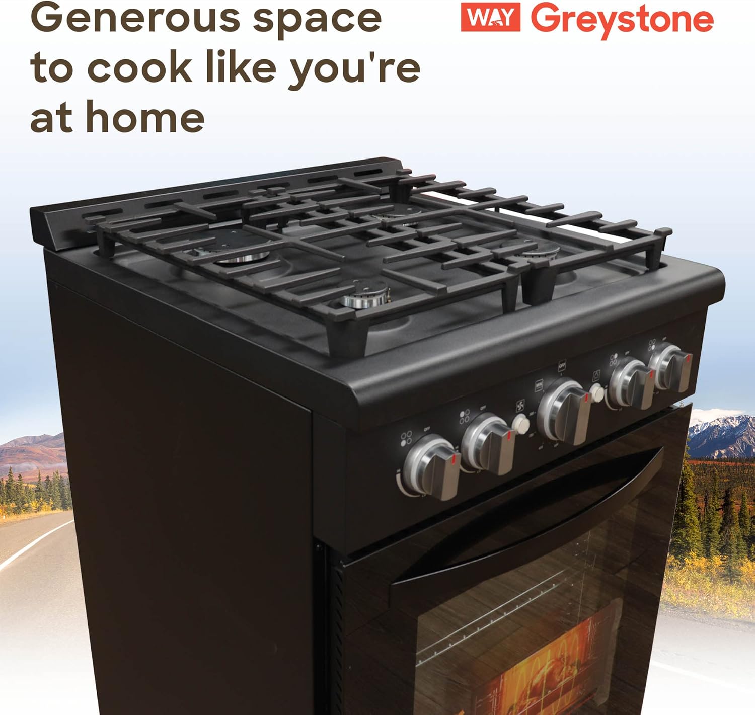 Greystone, 24 Inch Slide-In RV Gas Range, Stove and Oven Combo, 110 Volt, LP, 4 Burners, Black