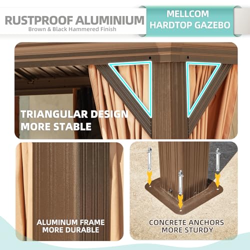 MELLCOM 12'x16' Hardtop Gazebo, Galvanized Steel Metal Double Roof Canopy with Curtains and Netting, Brown Permanent Pavilion Gazebos with Aluminum Frame for Garden, Patio, Lawns, Deck