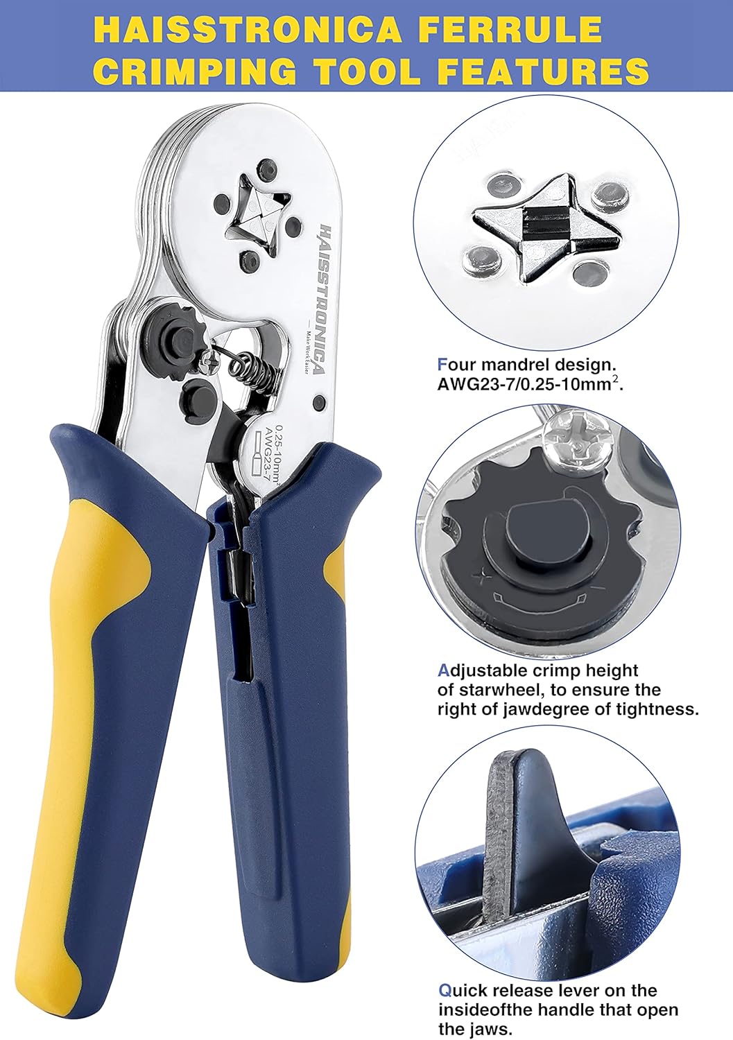 Ferrule Crimping Tool Kit,Haisstronica Self-Adjusting Hexagonal Wire Crimper Plier for AWG 23-10 with 1200PCS Red Copper Wire End Terminals,Ratchet Wire Crimping Tool-Wire End Ferrules