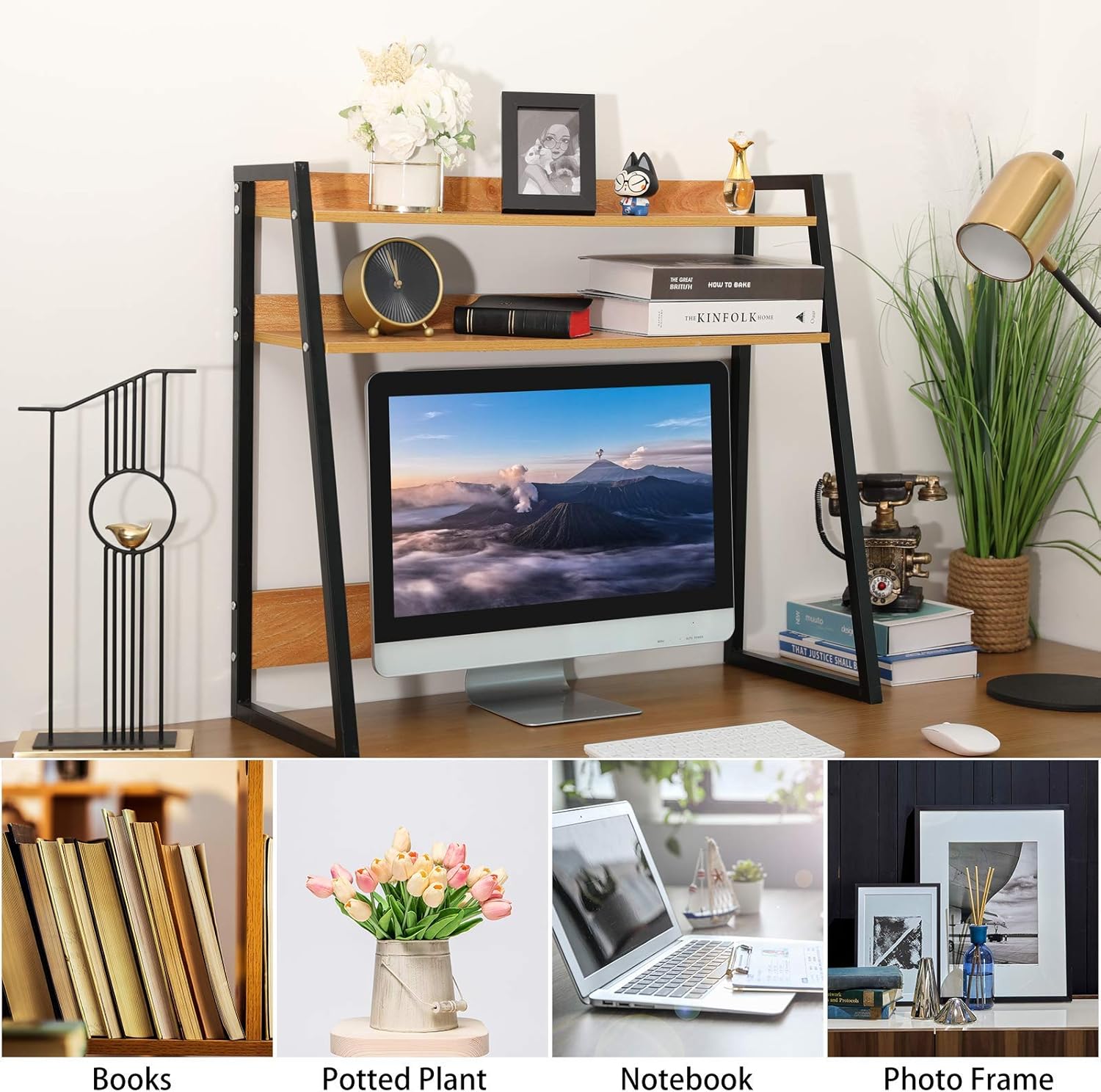 Desktop Bookshelf Wooden Bookcase ,X-cosrack Computer Desk Bookshelf Hutch Storage Organizer Shelves Rack for Office Supplies Organizer, Home Decor 2-Tier Brown