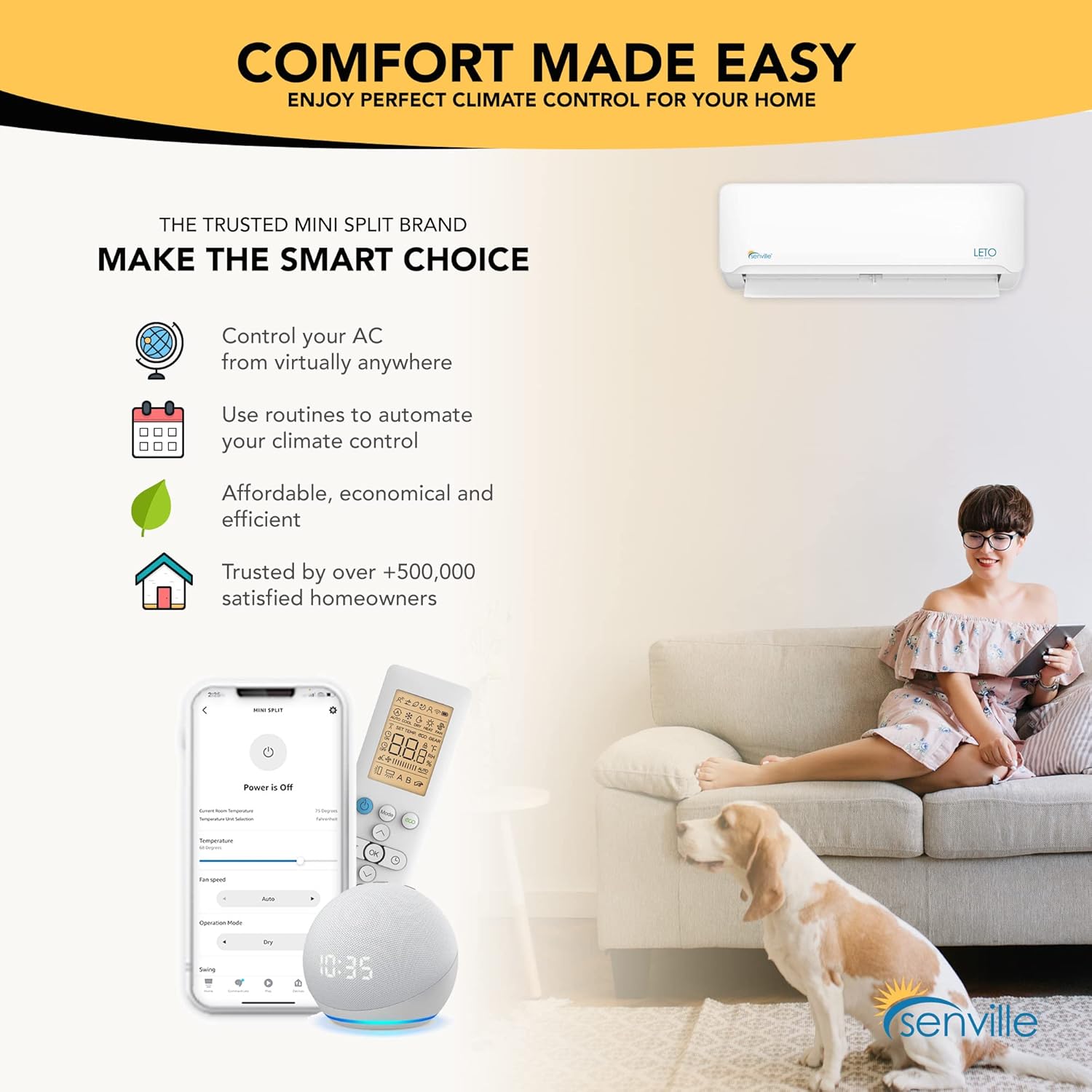 Senville LETO Series Mini Split Air Conditioner Heat Pump, 12000 BTU 208/230V, Works with Alexa, White