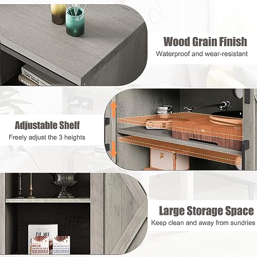 IDEALHOUSE Gray Barn Door TV Stand, Farmhouse Entertainment Center for 65 Inch TV, Modern Cabinet with Storage and Shelves, Livingroom