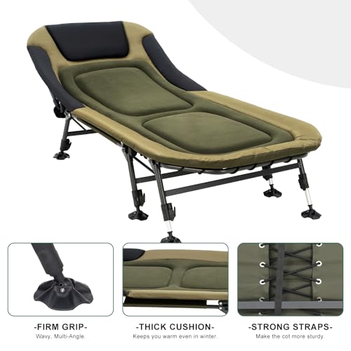 XL Folding Camping Cot with Mattress for Adults, Oversized Camping Bed with Carry Bag, 180° Adjustable Recliner, Portable Outdoor Lounger for Camping, Hiking, Outdoor, Green
