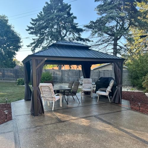 PURPLE LEAF 10' X 14' Permanent Hardtop Gazebo Aluminum Gazebo with Galvanized Steel Double Roof for Patio Lawn and Garden, Curtains and Netting Included, Grey
