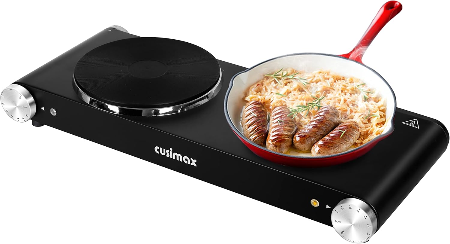 Hot Plate, CUSIMAX Double Burner 1800W Electric Burners, Double Hot Plate for Cooking Portable Electric Cooktop, Cast Iron Hot Plates, Countertop Burner, Black Stainless Steel, Easy to Clean