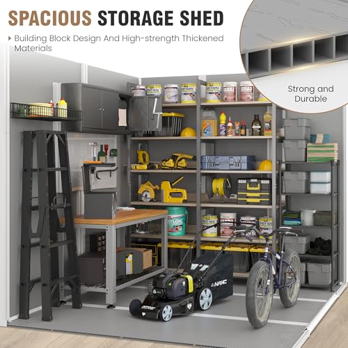 Outdoor Storage Shed, 6x6 FT Resin Shed with Floor and Lockable Door, Window, Vents, Tool Sheds and Outdoor Storage for Bike, Garden Accessories, Tools, Waterproof (Grey & White)