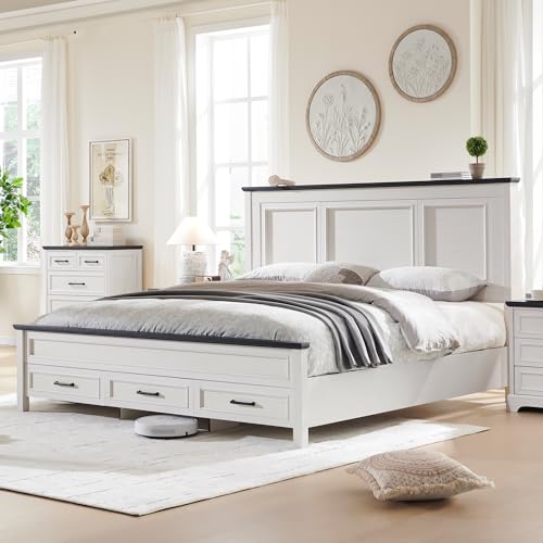 Farmhouse Full Size Bed Frame with 52" Tall Full-Panel Headboard & Footboard, Full Platform Bedframe with Storage Drawers, Wood Panel Bed Base, No Squeak, No Box Spring Needed, Light Brown