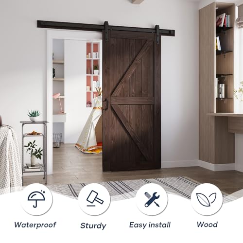 FREDBECK 36in x 84in Brown Barn Door with 6.6ft (79inch) Barn Door Hardware Track Kit and Handle Included, Double Surfaces,Simple Assembly is Required,K-Frame,Coffee